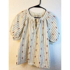 LOFT Petites Puff Sleeve Tie-Neck Blouse Ivory Stripe Embroidered Size MP